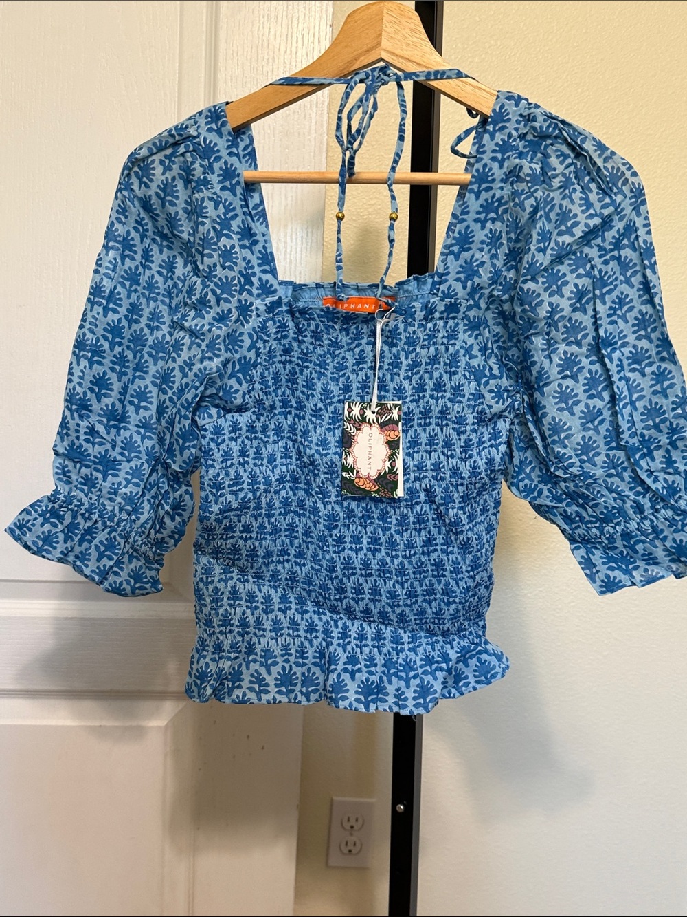 Oliphant 💗Blue Smocked Puff-Sleeve Women's Top